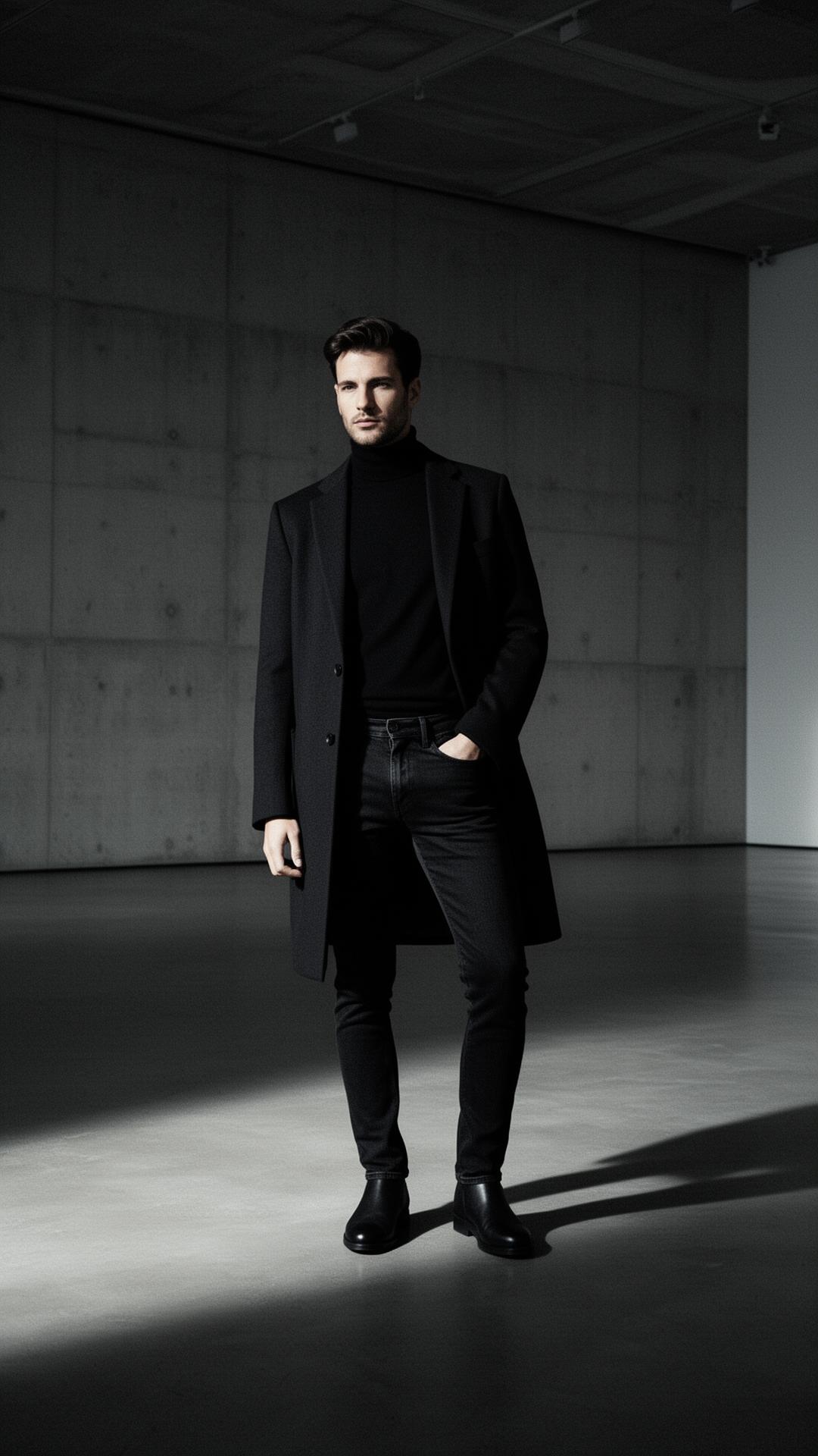 A figure dressed entirely in black luxury menswear standing in a concrete gallery